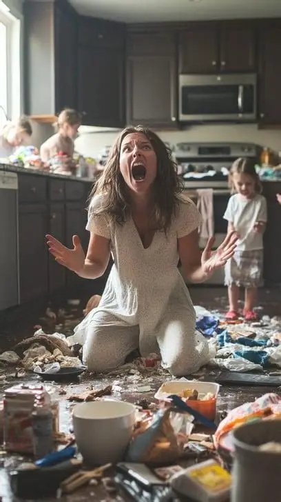An overwhelmed mother in a messy kitchen with her children